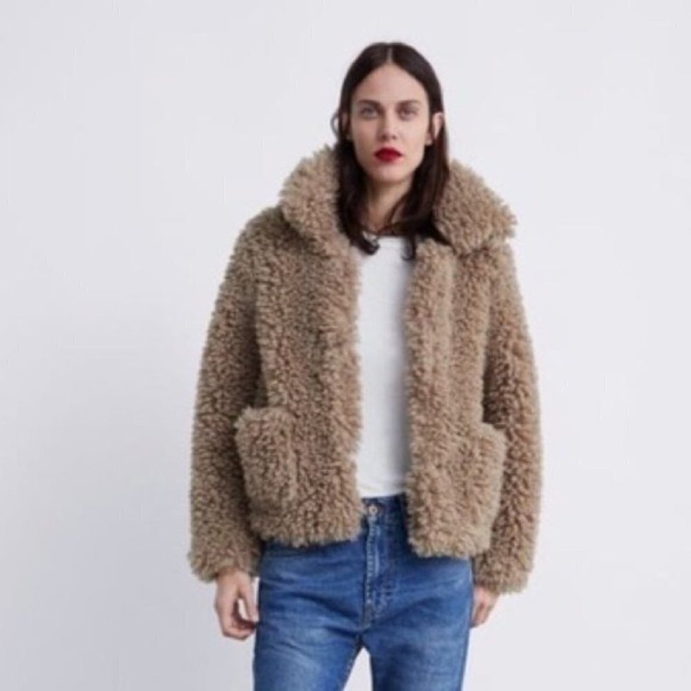 Zara Brown Teddy Bear Lined Cozy Coat Jacket Small collared